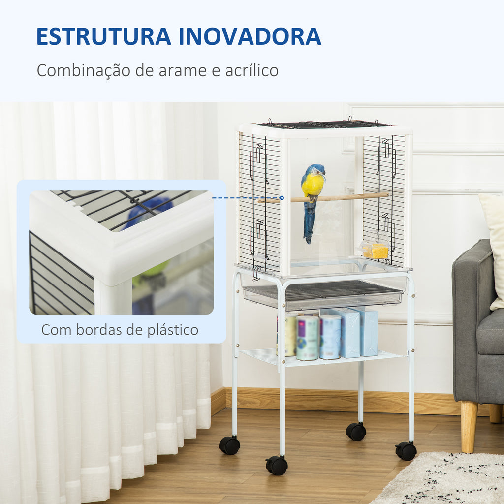 Gaiola para Passáros com Suporte Desmontável Gaiola com 4 Rodas Teto com Abertura 2 Comedouros 2 Poleiros Bandeja Removível 47x35x106,5cm Branco — foto 7