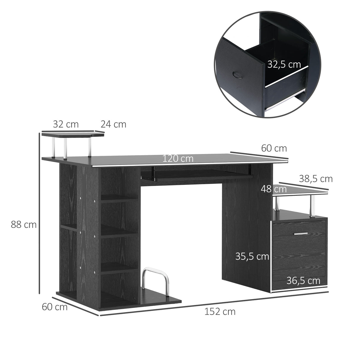 Secretária para Computador Secretária para Escritório – Cor: Preto - Madeira MDF - 152 x 60 x 88 cm — foto 3