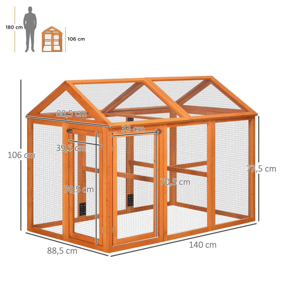 Galinheiro para Exterior 140x88,5x106 cm Galinheiro para 1-3 Galinhas com 3 Poleiros Estrutura de Madeira e 2 Portas com Fechadura para Pátio Madeira — foto 3