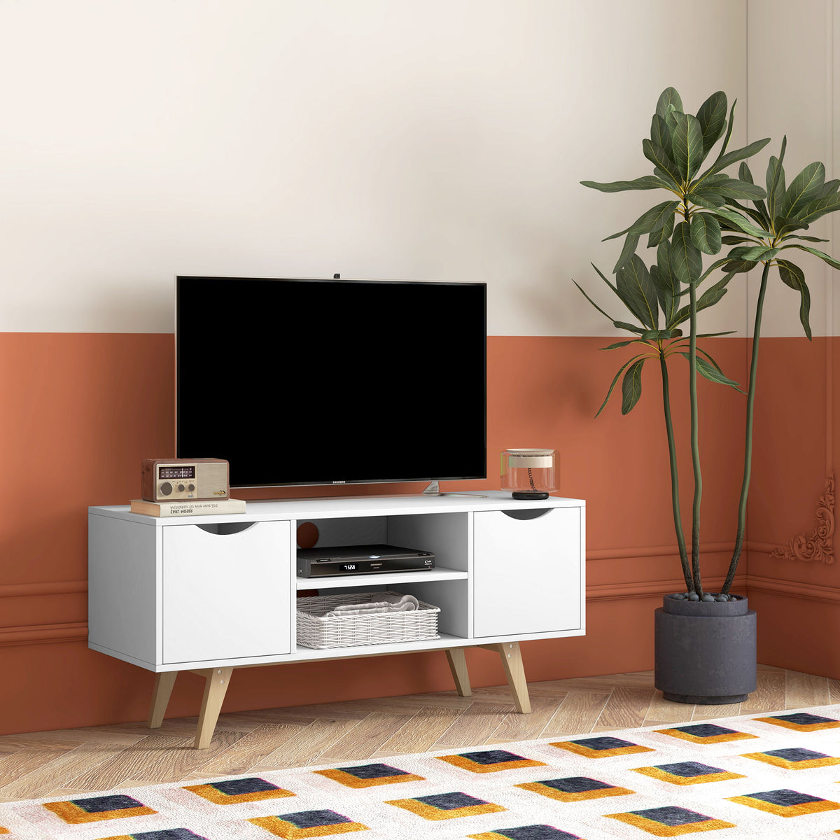 Móvel de TV Moderno Móvel de TV para Televisores de até 50 Polegadas Móvel de TV para Sala de Estar com 2 Armários 2 Prateleiras Abertas e Pés de Madeira 110x39x50 cm Branco — foto 2