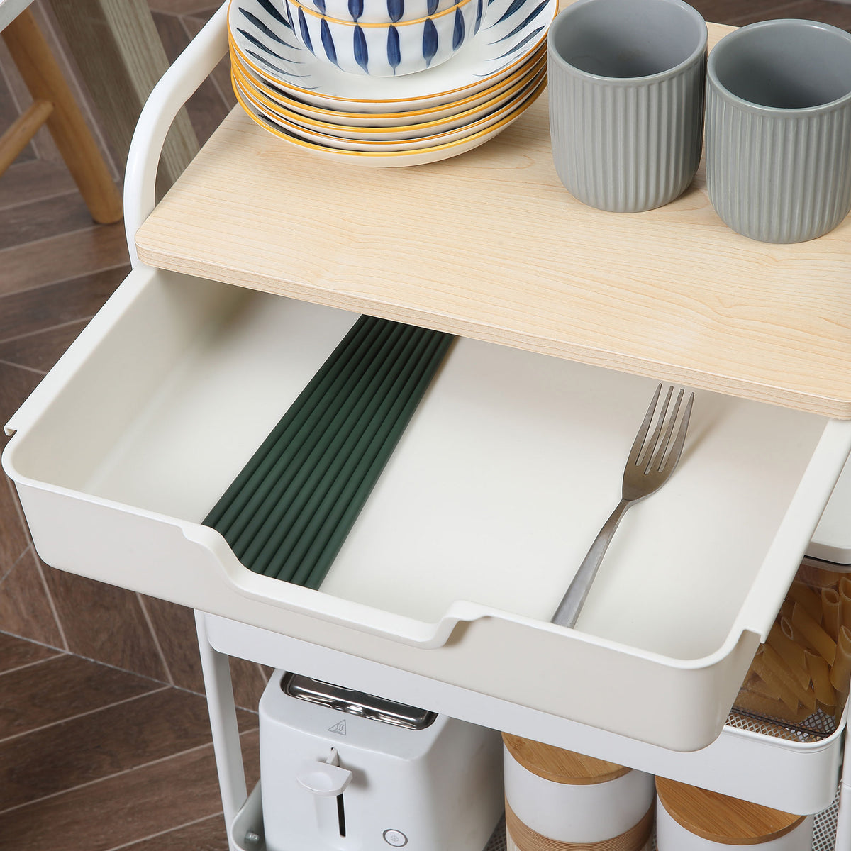 Carrinho de Cozinha com Rodas Carrinho de Armazenamento com Gaveta 2 Prateleiras e Rodas com Freios para Casa de Banho Sala de Estar Dormitório 43,9x30,5x75,6cm Branco e Madeira Natural — foto 8