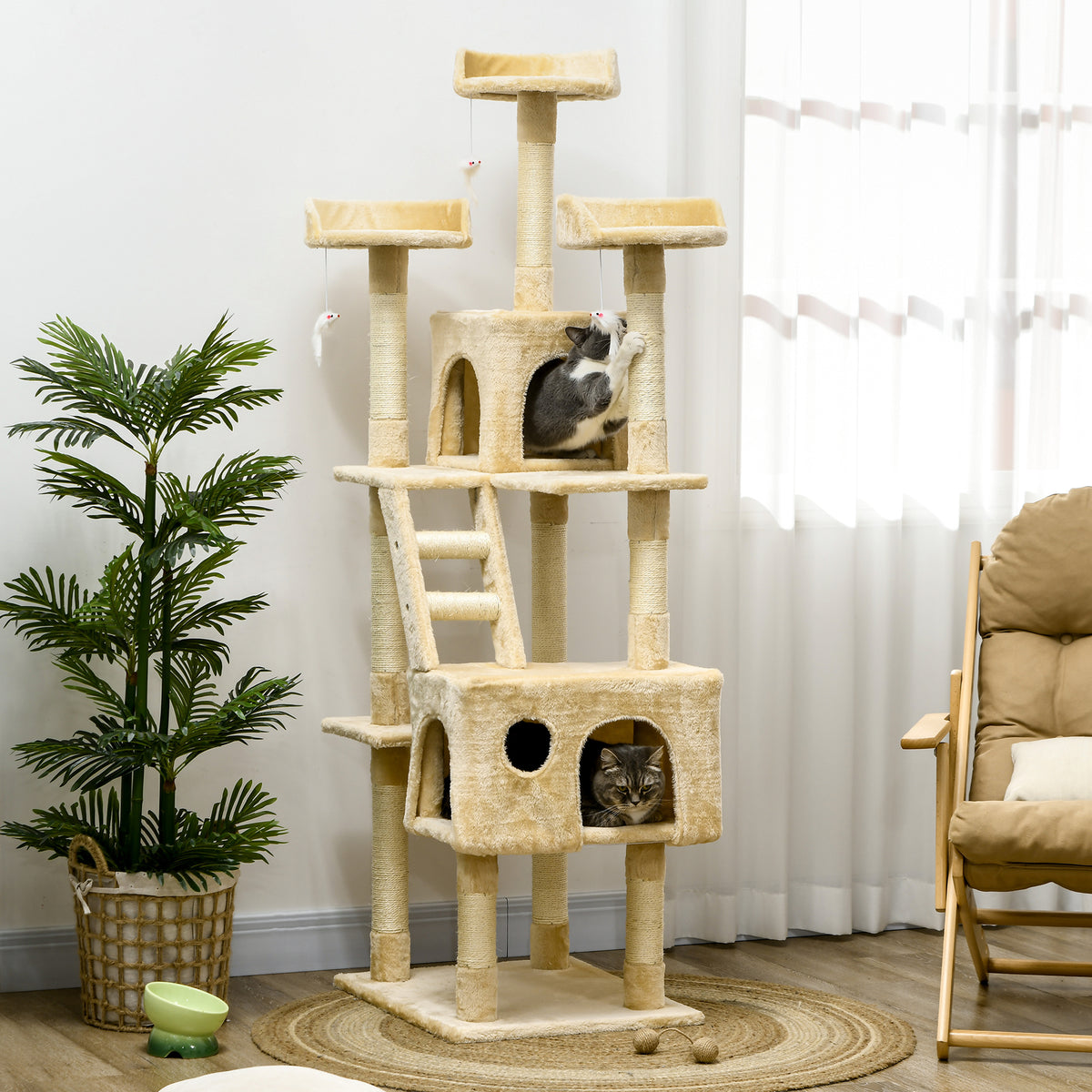 Arranhador para Gatos Grande 60x50x181 cm Arranhador para Gatos com Poste de Sisal Múltiplas Plataformas Escada Caverna Brinquedos Bege — foto 2