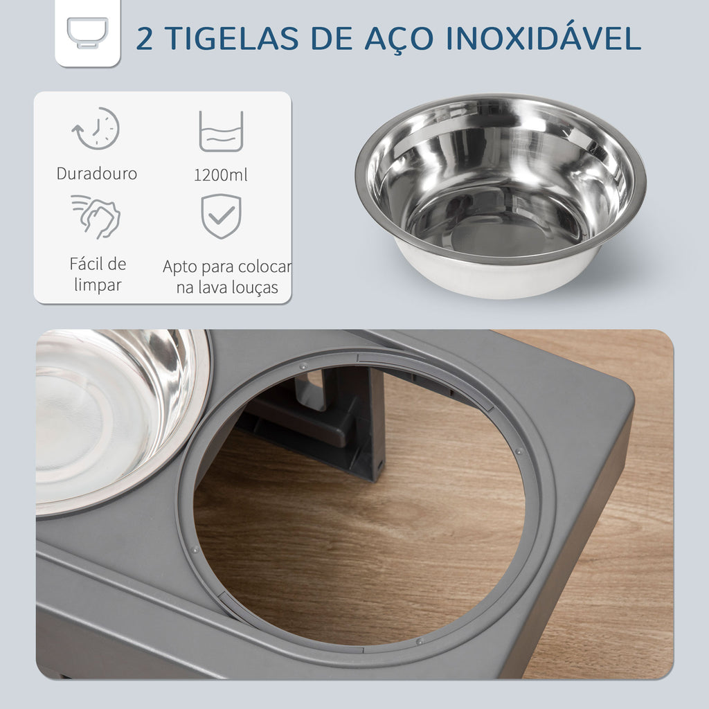 Comedouro Elevado para Cães com 2 Tigelas Desmontáveis de 1200ml e Altura Ajustável de 3 Níveis Comedouro para Animais de Estimação com Tigelas de Aço Inoxidável 44x27,7x28cm Cinza — foto 5