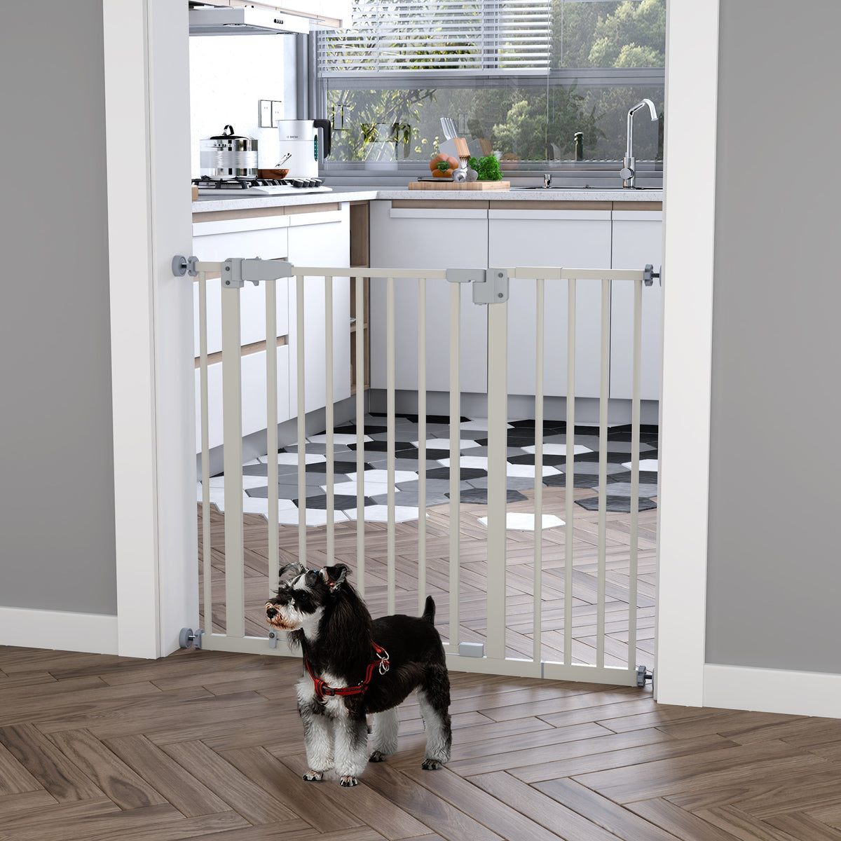 Barreira de Segurança Metálica de Portas e Escadas para Animais de Estimação Cães com Extensão de 17,5 cm Sistema de Fechamento Automático 74-97,5x76,2 cm Branco — foto 2