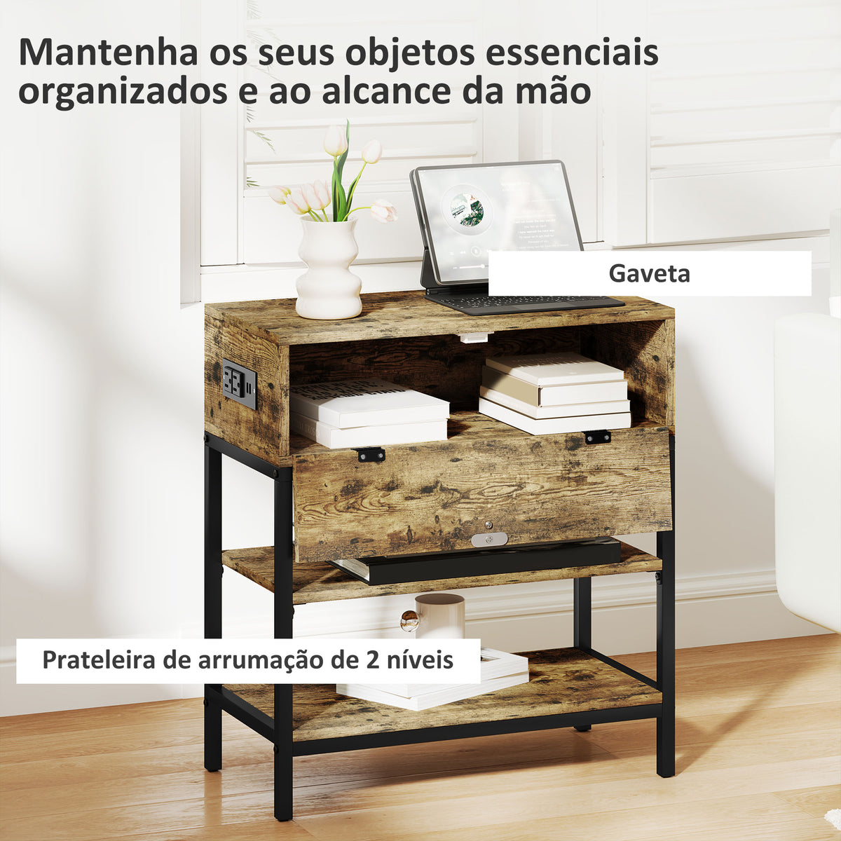 Mesa Auxiliar com Estação de Carga Mesinha Auxiliar Industrial com Gaveta e Prateleiras Abertas Mesa Auxiliar para Sala de Estar Dormitório 60x30x66,5 cm Castanho Rústico — foto 5