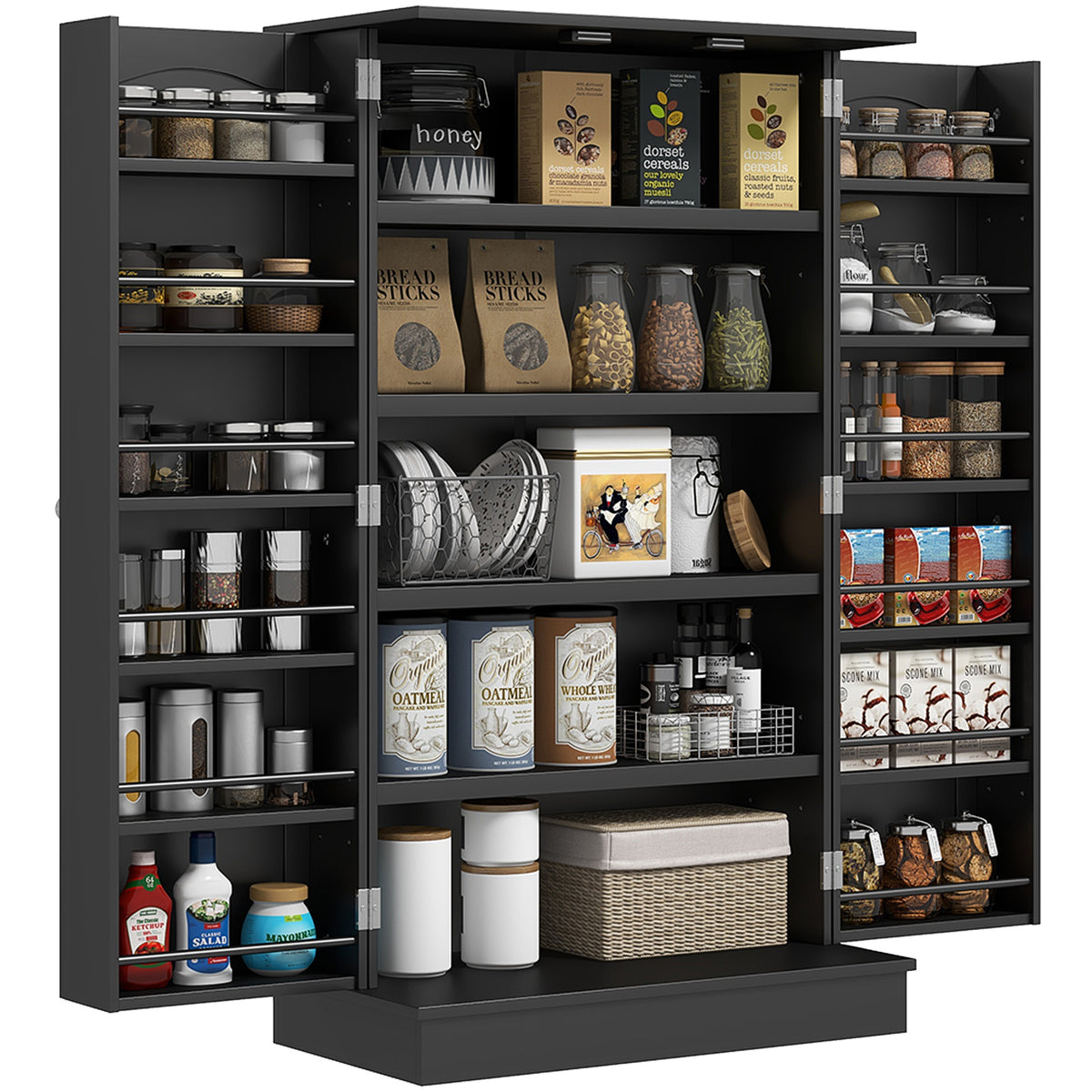 Armário de Cozinha Armário de Cozinha Alto com 2 Portas e 16 Prateleiras Armário de Cozinha Moderno com Prateleiras Ajustáveis para Sala de Jantar Sala 60x30x104 cm Preto — foto 1