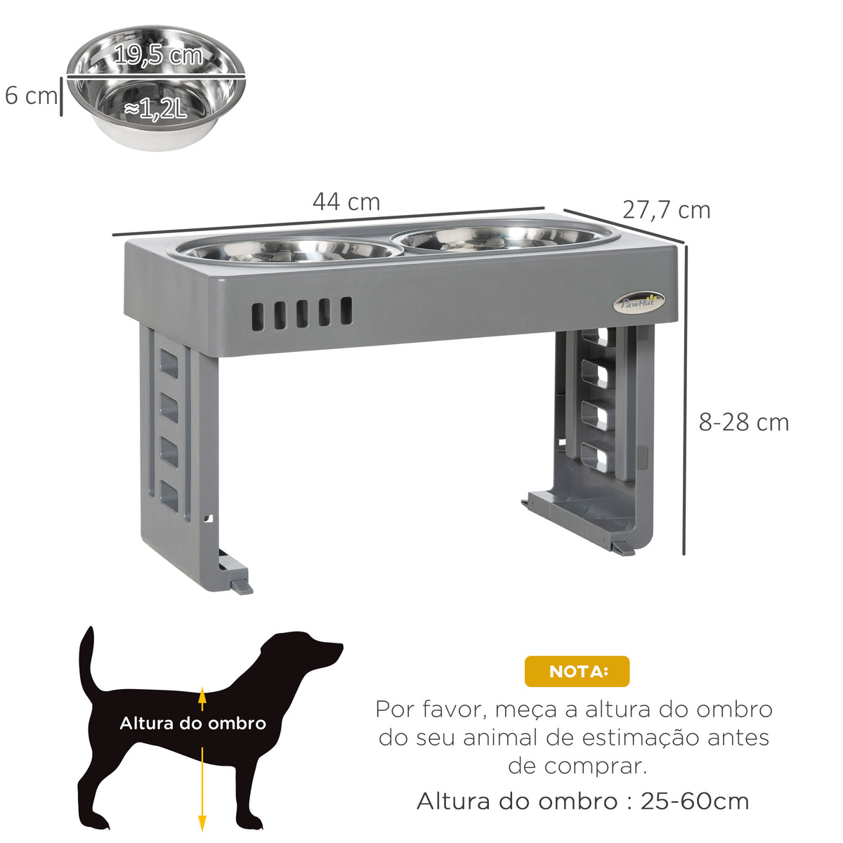 Comedouro Elevado para Cães com 2 Tigelas Desmontáveis de 1200ml e Altura Ajustável de 3 Níveis Comedouro para Animais de Estimação com Tigelas de Aço Inoxidável 44x27,7x28cm Cinza — foto 3