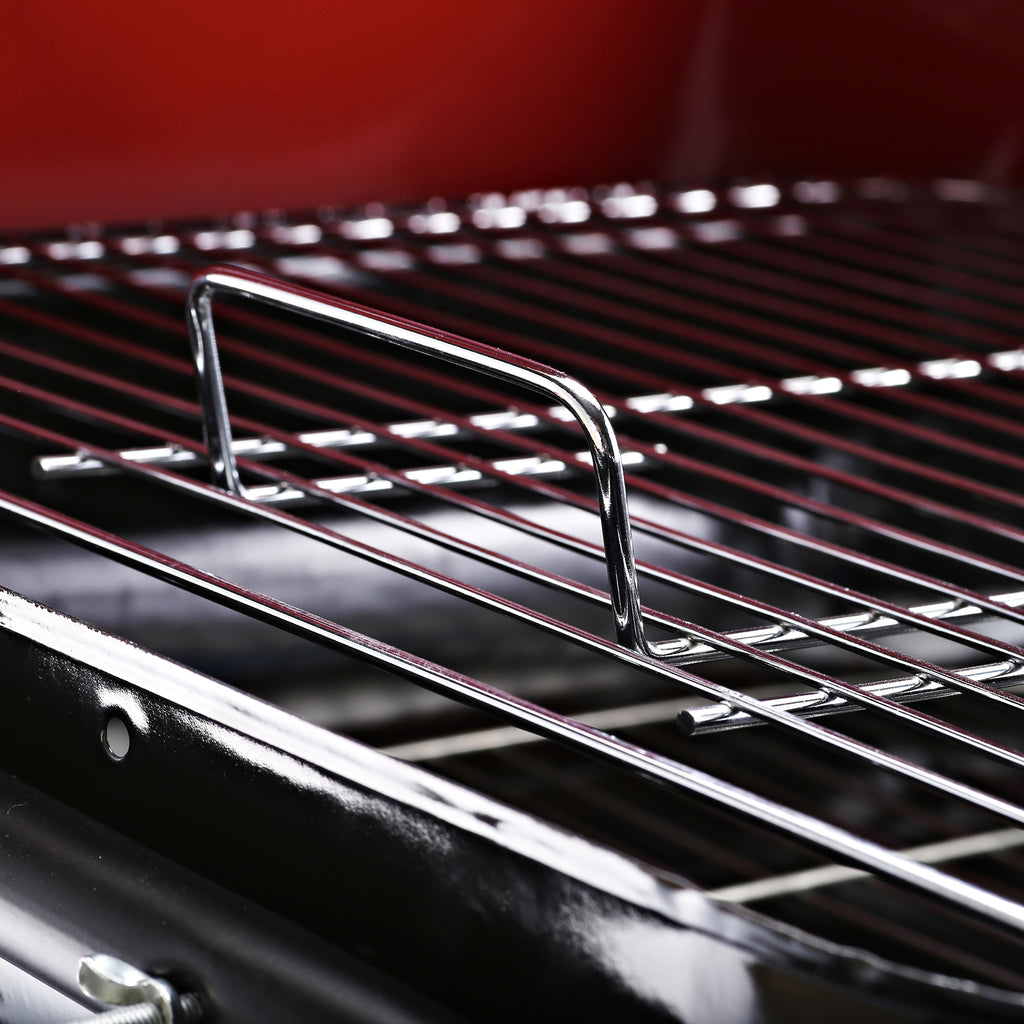 Barbecue a Carvão com Prateleiras de Madeira e Rodas Barbecue e Carvão para Campismo Pátio 98x49x81 cm Preto e Vermelho — foto 5