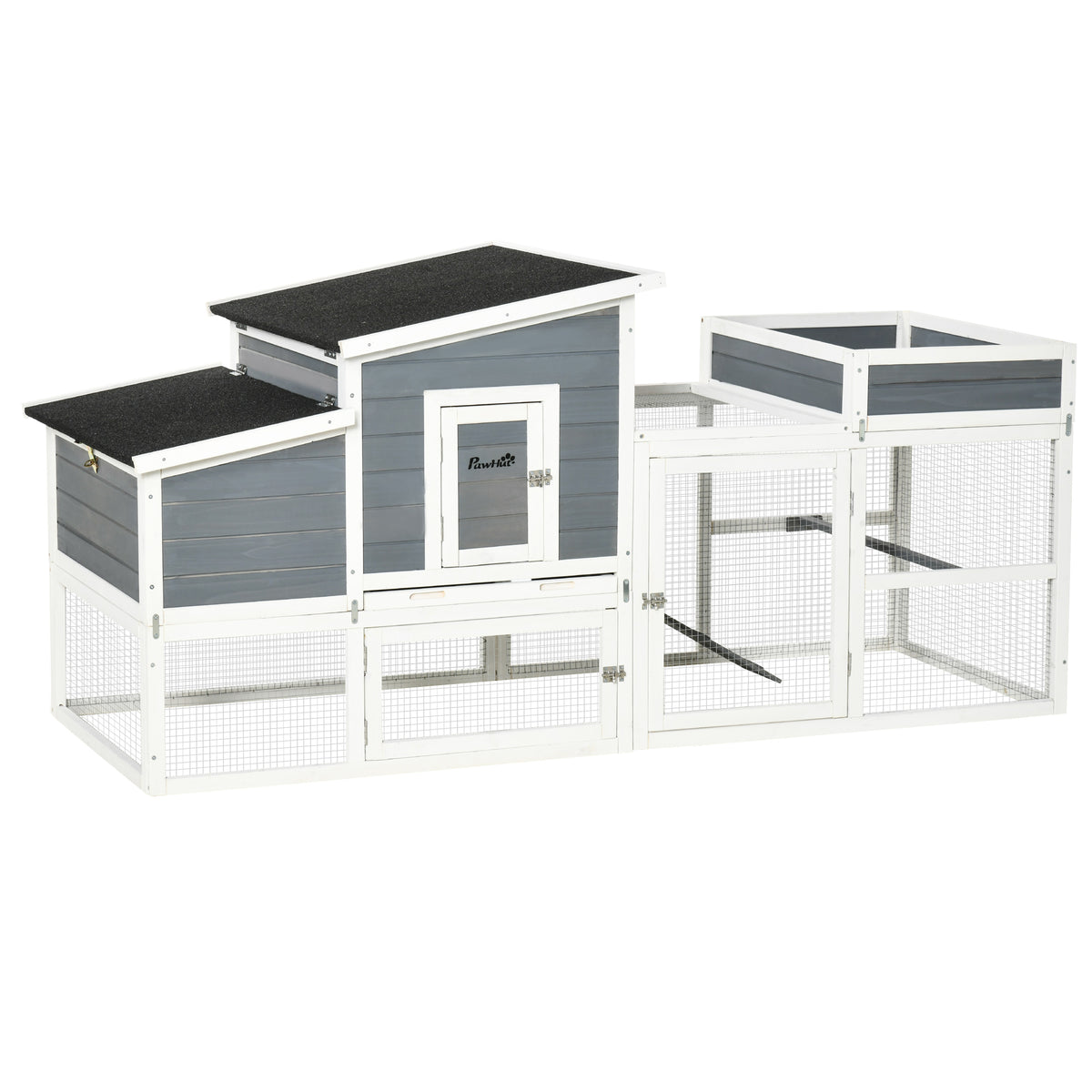 Galinheiro de Madeira Exterior Gaiola para 2 Galinhas com Cerca de Arame Tetos Asfálticos Abatíveis Ninho Bandeja Removível Rampa e Mesa de Cultivo 191,5x80x90cm Cinza — foto 1