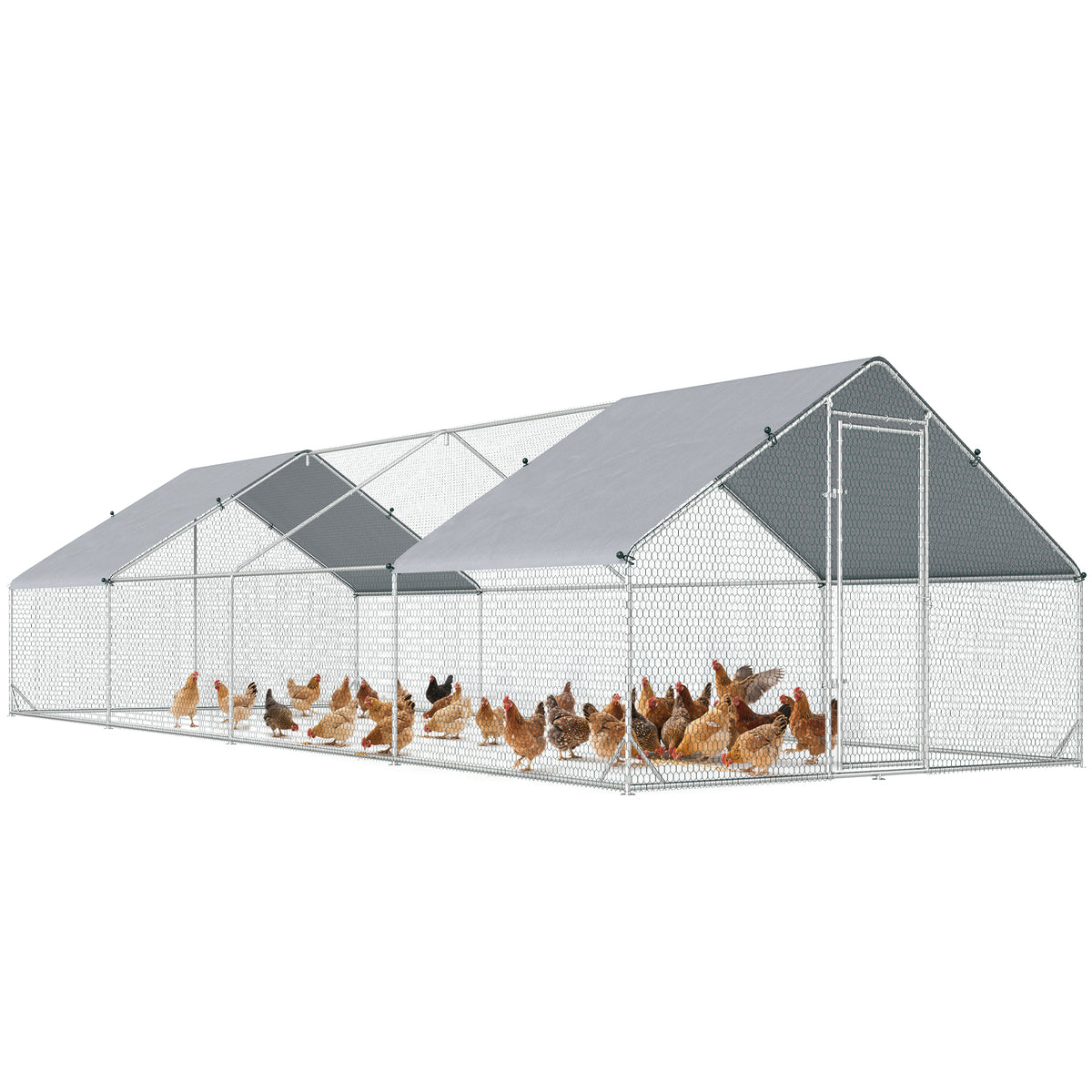Galinheiro de Exterior Grande 3x8x2m Gaiola para 16-24 Galinhas de Aço Galvanizado com Teto de PE e Fechadura para Coelhos Prata — foto 1