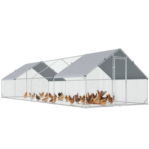 Galinheiro de Exterior Grande 3x8x2m Gaiola para 16-24 Galinhas de Aço Galvanizado com Teto de PE e Fechadura para Coelhos Prata