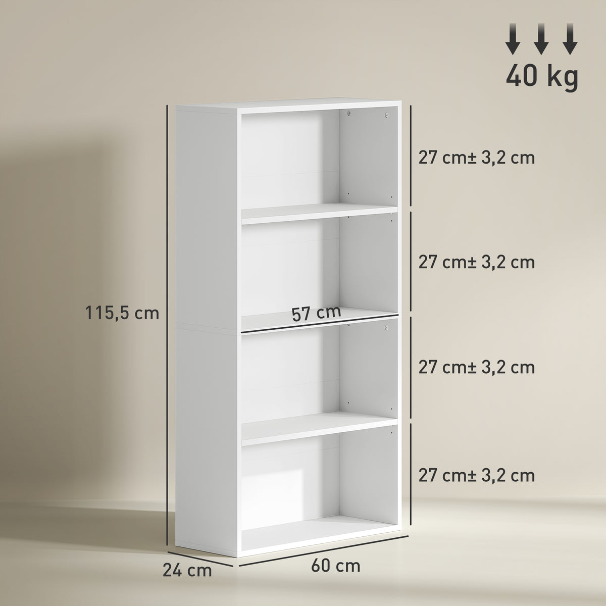 Estante de 4 Níveis Estante para Livros com 2 Prateleiras Ajustáveis para Sala de Estar Escritório Quarto 60x24x115,5 cm Branco — foto 3