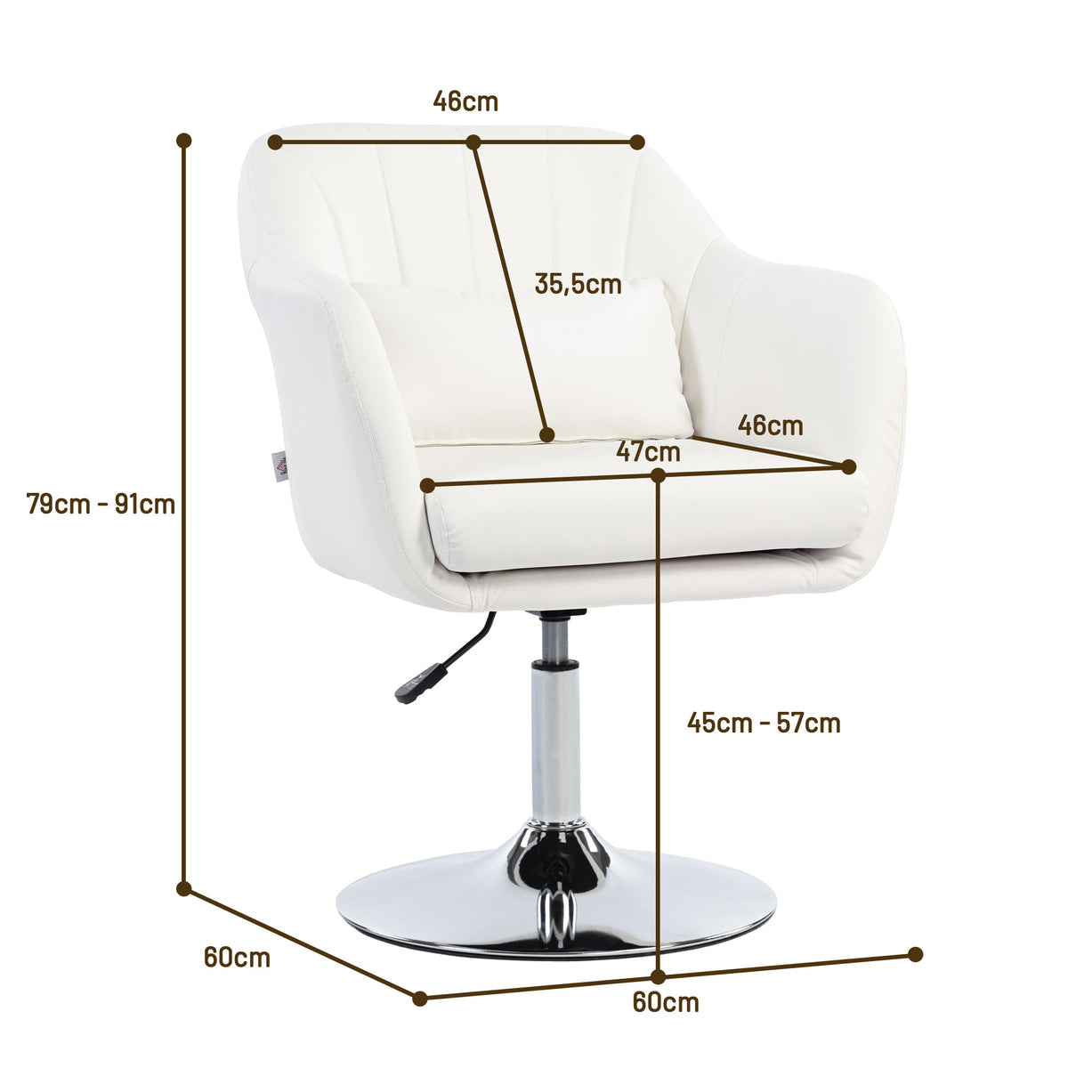 Cadeira de Escritório Giratória 360° Tamborete de Bar Cozinha Cabeleireiro com Encosto Envolvente Altura Ajustável Apoio para os Braços e Almofada 60x60x79-91 cm Branco — foto 3