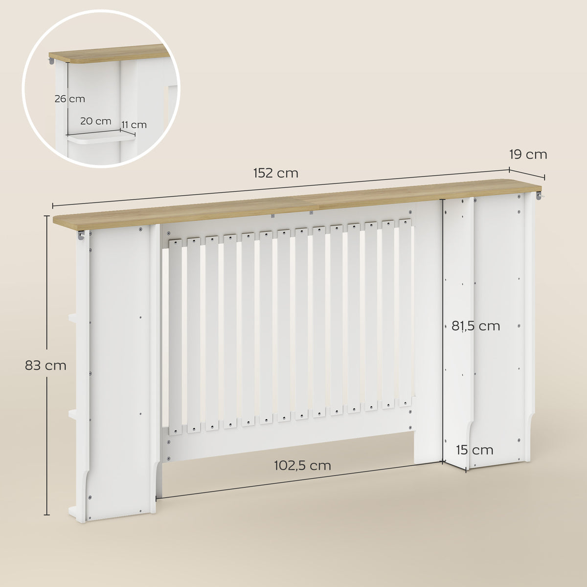 Cobertura para Radiadores com Prateleiras Cobertura de Radiador em MDF Cobertura para Radiador Desenho Moderno de Ripas para Sala de Estar Quarto 152x19x83 cm Branco — foto 3