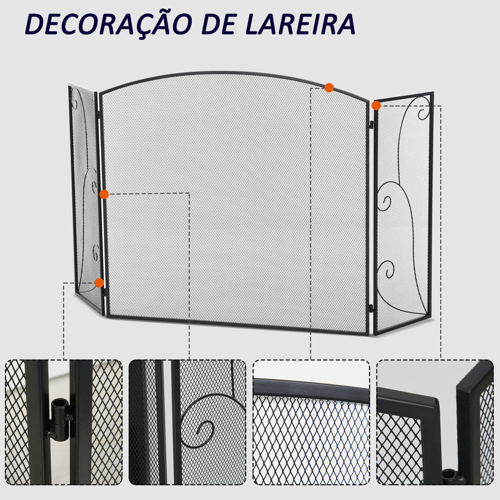 Frente para Lareira de 3 Painéis Frente para Lareira Dobrável com Dobradiças Estrutura Metálica Malha Decorativa 132,5x76,5cm Preto — foto 7