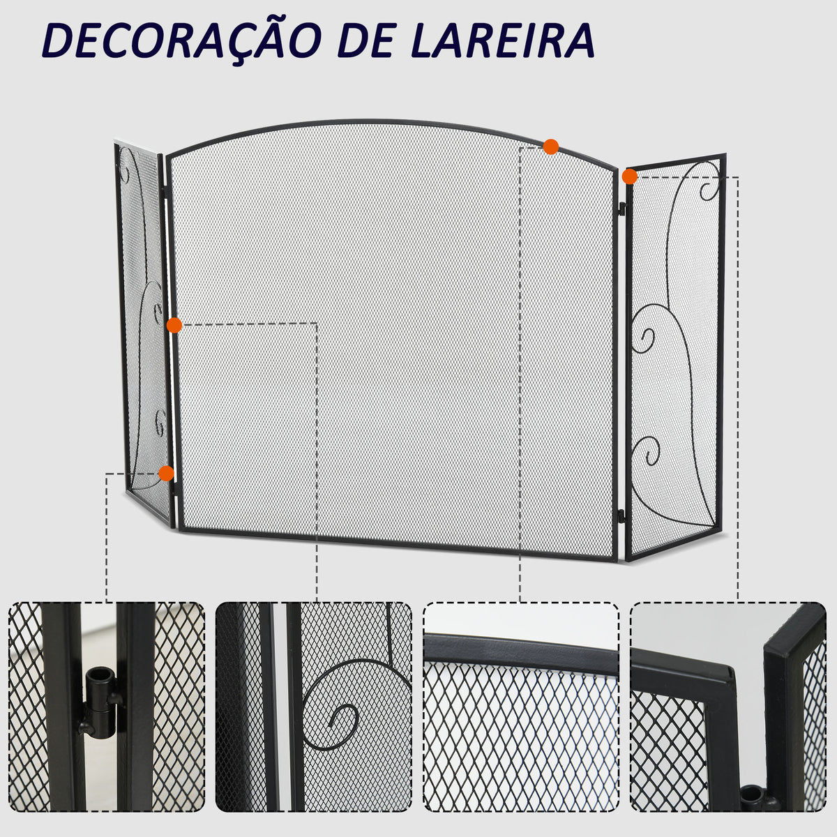 Frente para Lareira de 3 Painéis Frente para Lareira Dobrável com Dobradiças Estrutura Metálica Malha Decorativa 132,5x76,5cm Preto — foto 7