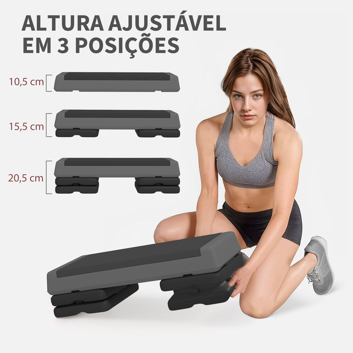 Step de Aeróbica Step para Fitness Antideslizante Altura Regulável 3 Níveis de 10,5/15,5/20,5 cm Capacidade 250 kg para Exercício em Casa Ginásio 77x36x20,5 cm Cinza e Preto — foto 4