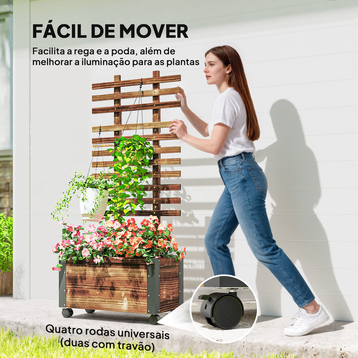 Floreira Exterior de Madeira Floreira com Treliça para Plantas Trepadeiras Tecido não Tecido Rodas e Cantos Metálicos de Dupla Camada para Pátio Varanda 65x31x147 cm Madeira — foto 5