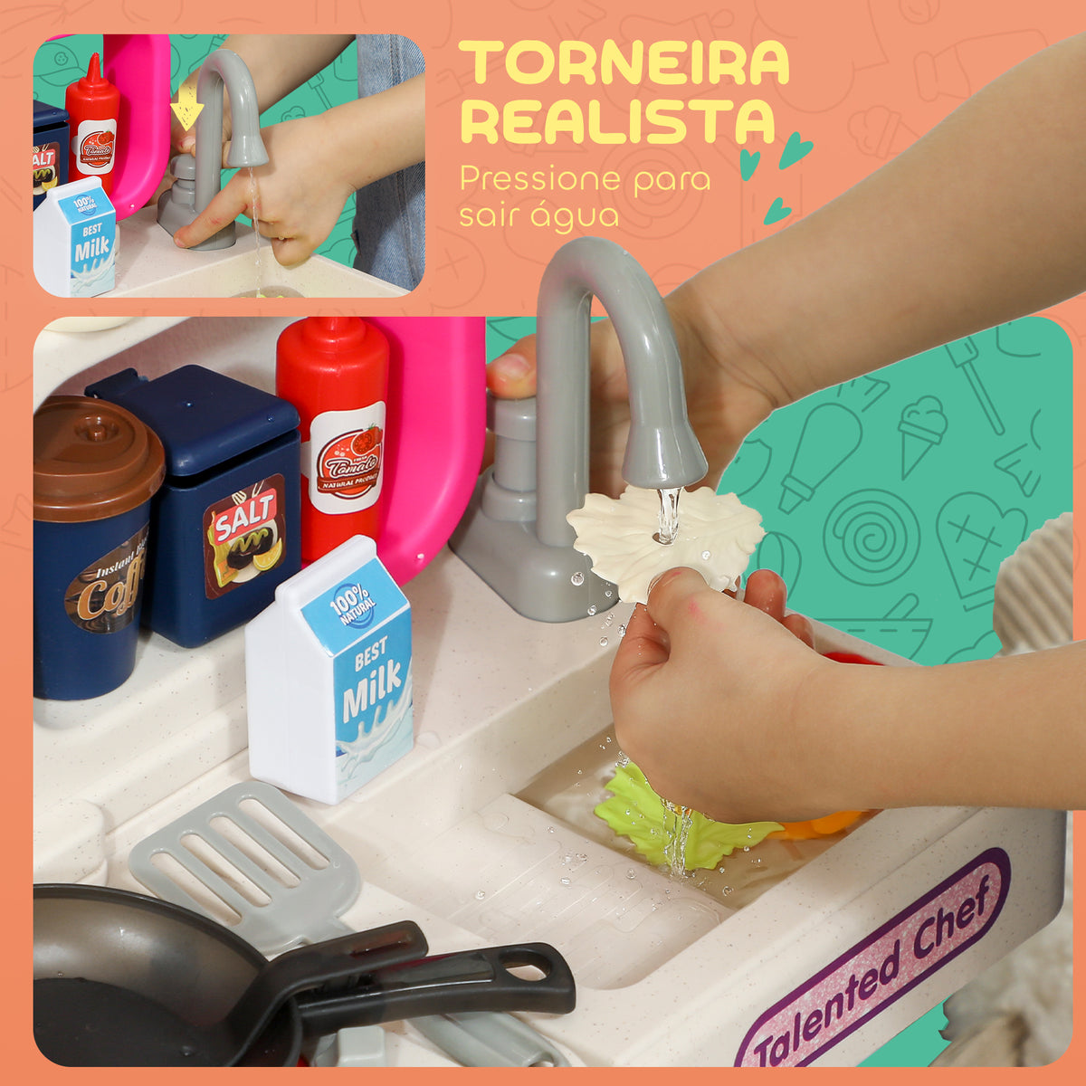 Cozinha de Brincar com Luz e Som Cozinha para Crianças com Acessórios Panelas Utensilios e Alimentos Falsos Brinquedo para Crianças a partir de 3 Anos 52,5x22x100 cm Rosa — foto 5
