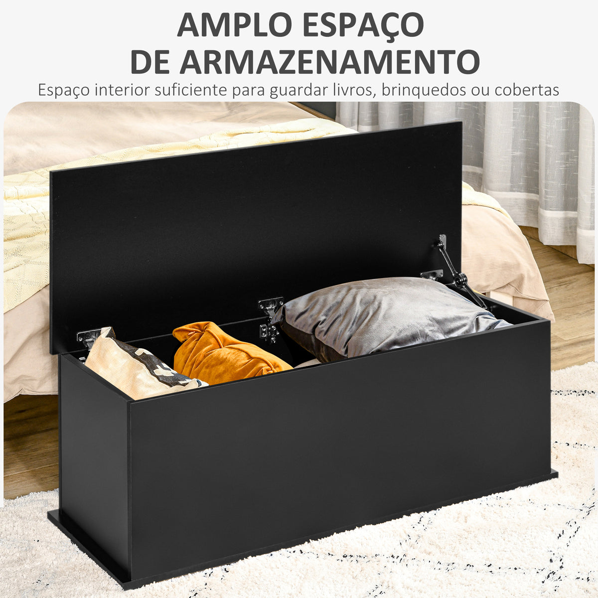Baú de Armazenamento de Madeira Banco de Armazenamento para Dormitório Sala de Estar Carga Máxima 60kg 100x40x40 cm Preto — foto 4