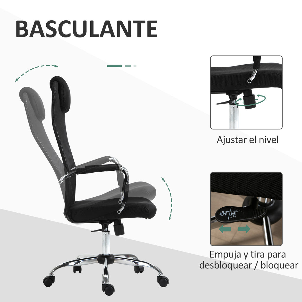 Cadeira de escritório ergonômica basculante e giratória com altura de assento ajustável com encosto de cabeça e malha de encosto alto 65,5x62,5x117-127 cm Preto — foto 5
