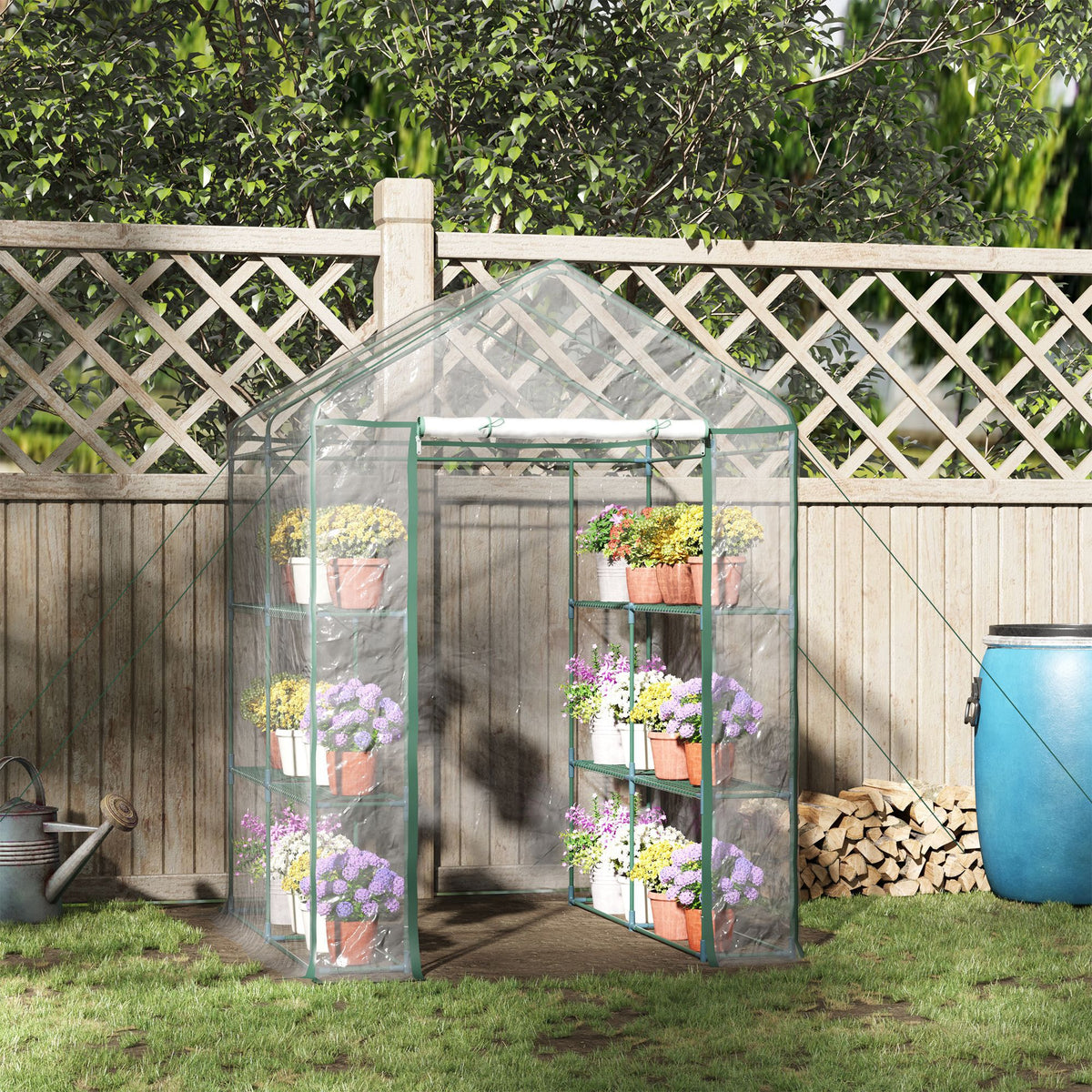 Estufa Transparente de Jardim Estufa de Plantas de 3 Níveis com Prateleiras Estrutura de Aço 143x143x195cm Transparente e Verde — foto 2