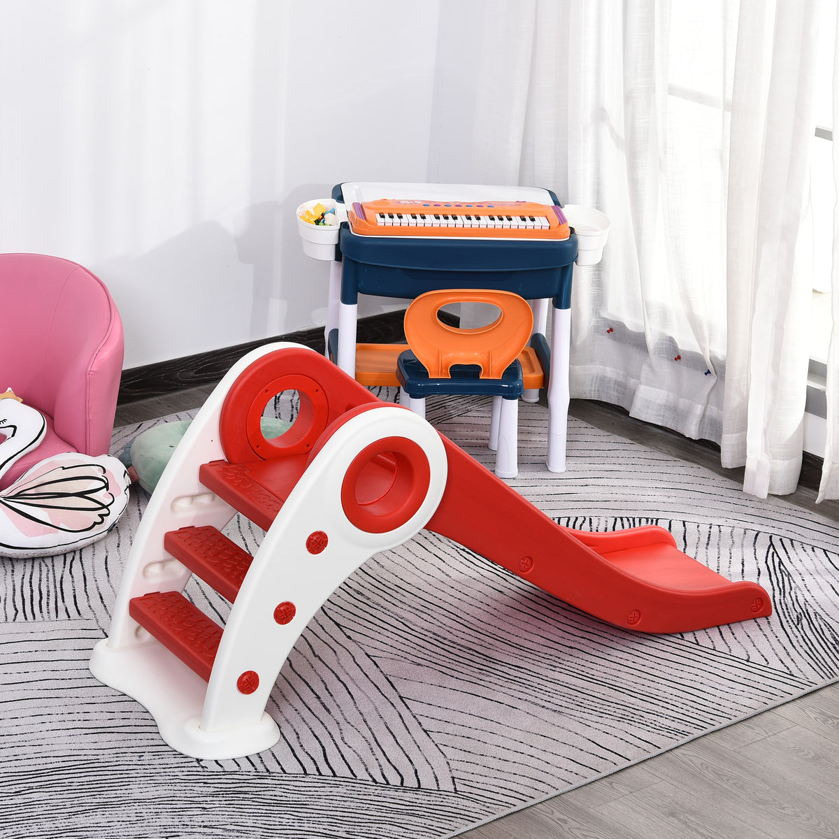 Escorrega infantil para crianças acima de 3 anos Escorrega largo dobrável com escadas rampa longa para jardim parque interiores 120x50x56 cm Vermelho — foto 2
