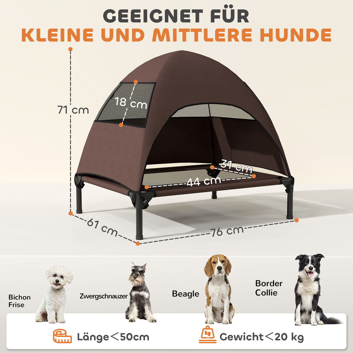 Cama para Cães Exterior com Dossel Cama Elevada para Cães de Porte Médio 76x61x71 cm Café — foto 2
