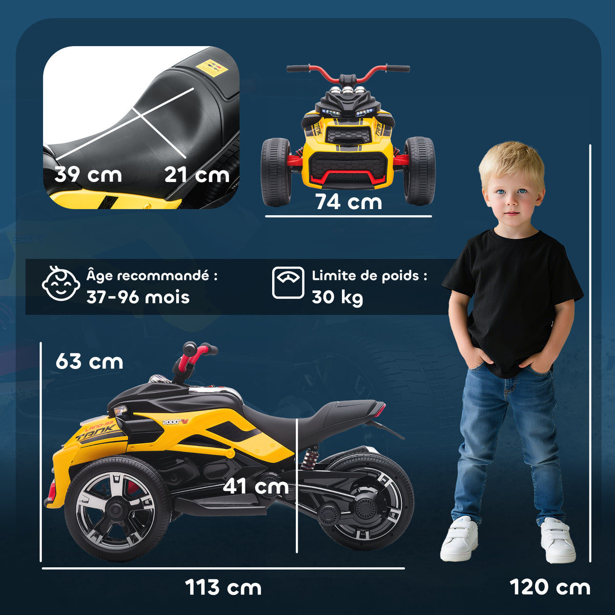 Quad Elétrico Infantil Carro Elétrico Crianças 12V 3 Rodas 2 Motores Leitor Mp3 Buzina 2 Velocidades 3-5 Km/h Amarelo — foto 2