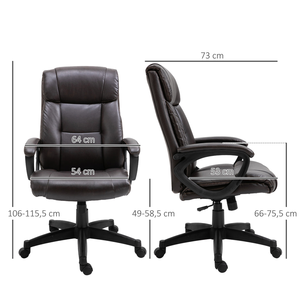 Cadeira de Escritório Ergonómica Ajustável Giratórios 360° Revestimento Sintético PU 64x73x106-115,5 cm Castanho — foto 2