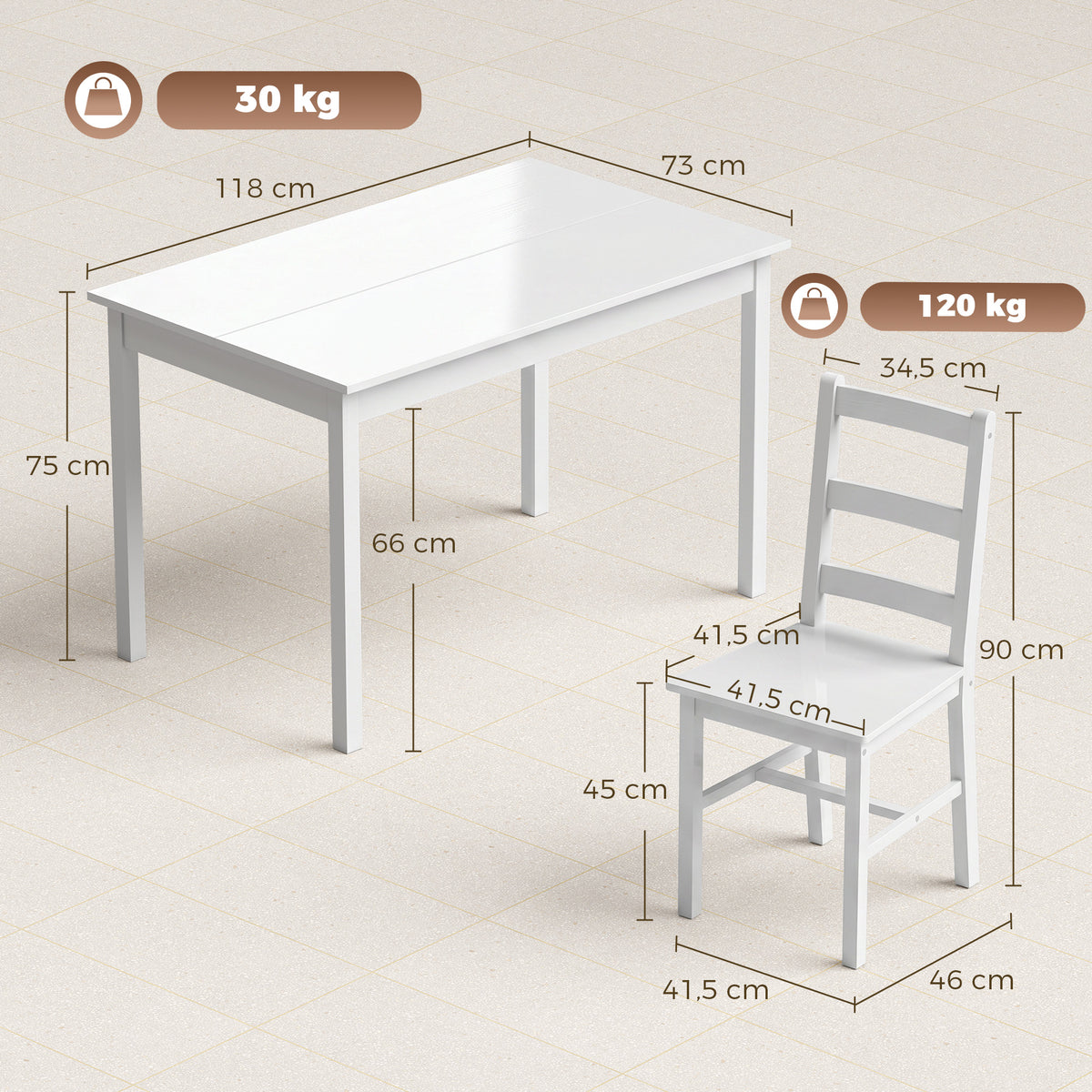 Conjunto de Sala de Jantar 5 Peças para 4 Pessoas Mesa de Jantar Retangular e Cadeiras em Madeira Maciça para Espaços Pequenos Branco — foto 2