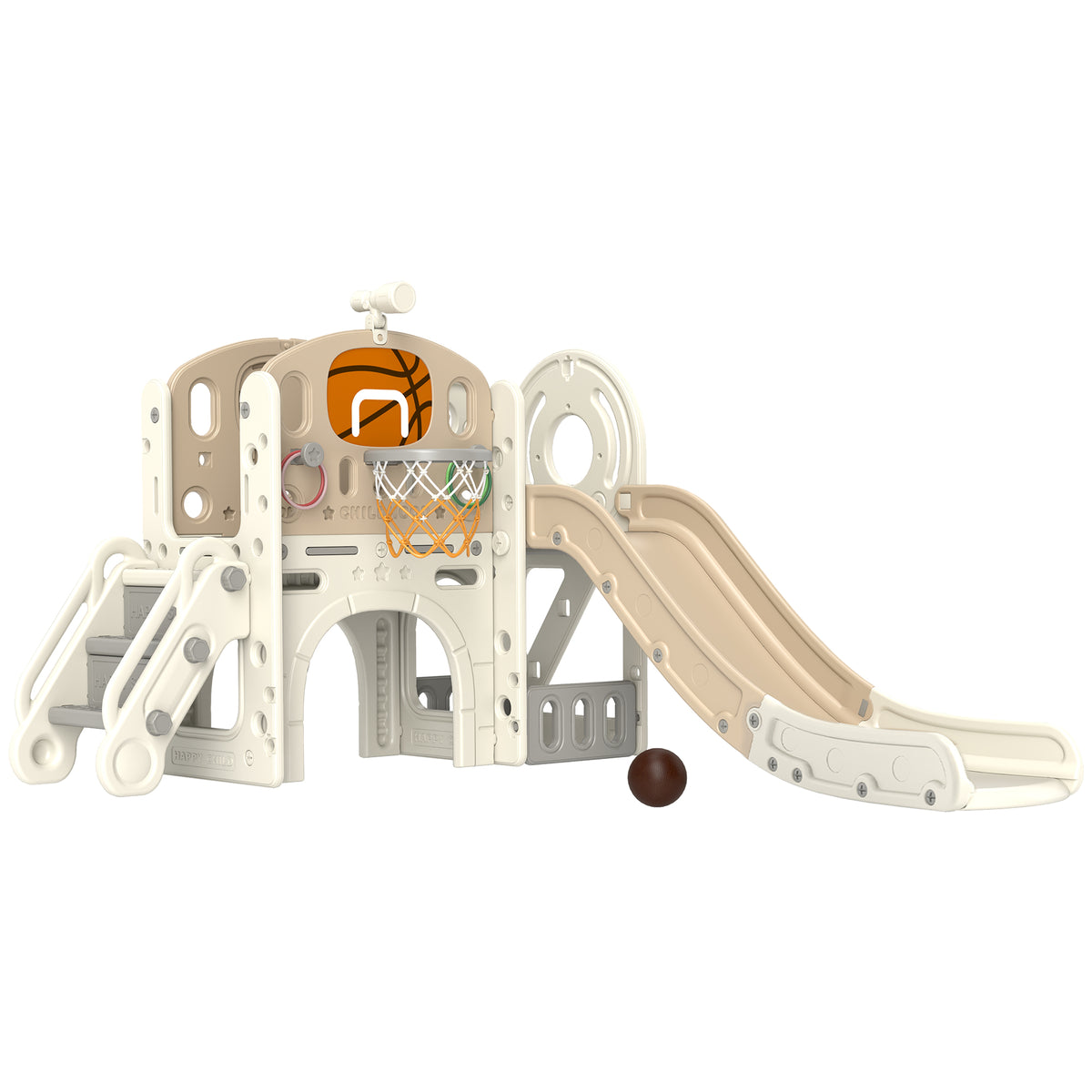 Estrutura de brincadeira infantil, escorregador 7 em 1, playground interno com armazenamento e túnel para engatinhar, 186x153x111 cm, creme branco — foto 1