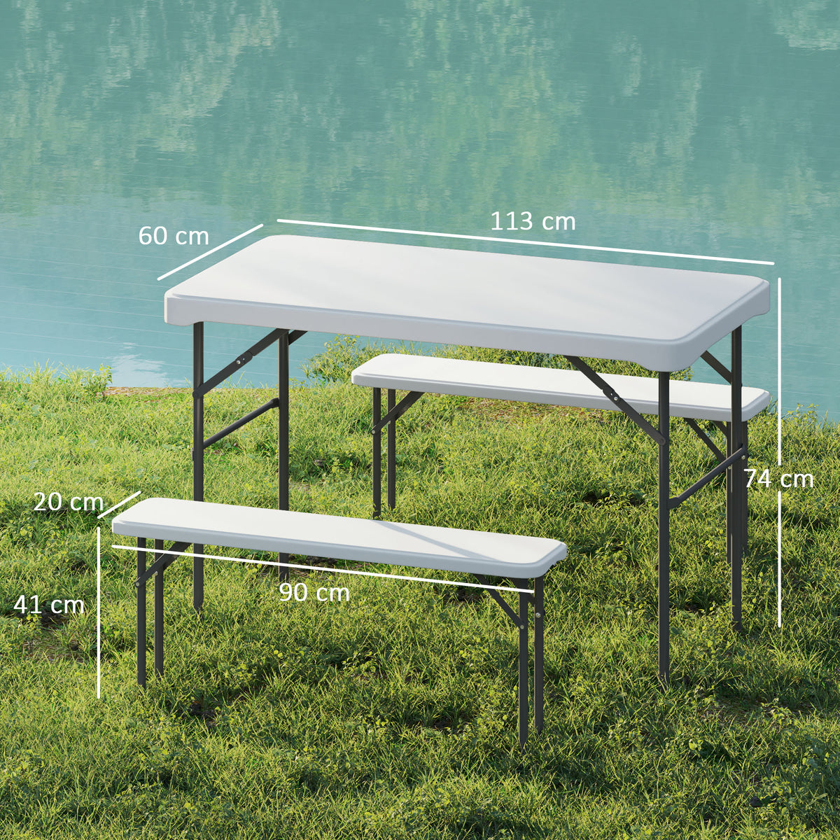 Conjunto Mesa Dobrável e Bancos de Piquenique 113 cm com Alças de Transporte Mesa e Banco Dobráveis Cinza Claro — foto 2
