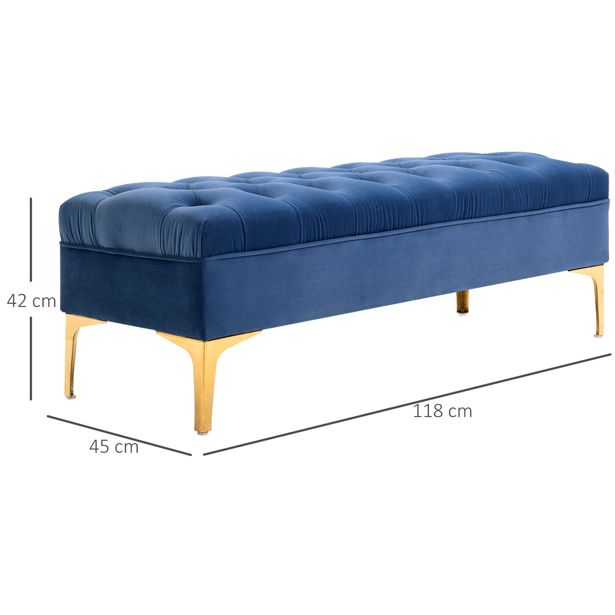 Banqueta Capitonê para Final de Cama Estilo Clássico Chique 118x45x42 cm Estrutura Metálica Dourada Veludo Azul — foto 2