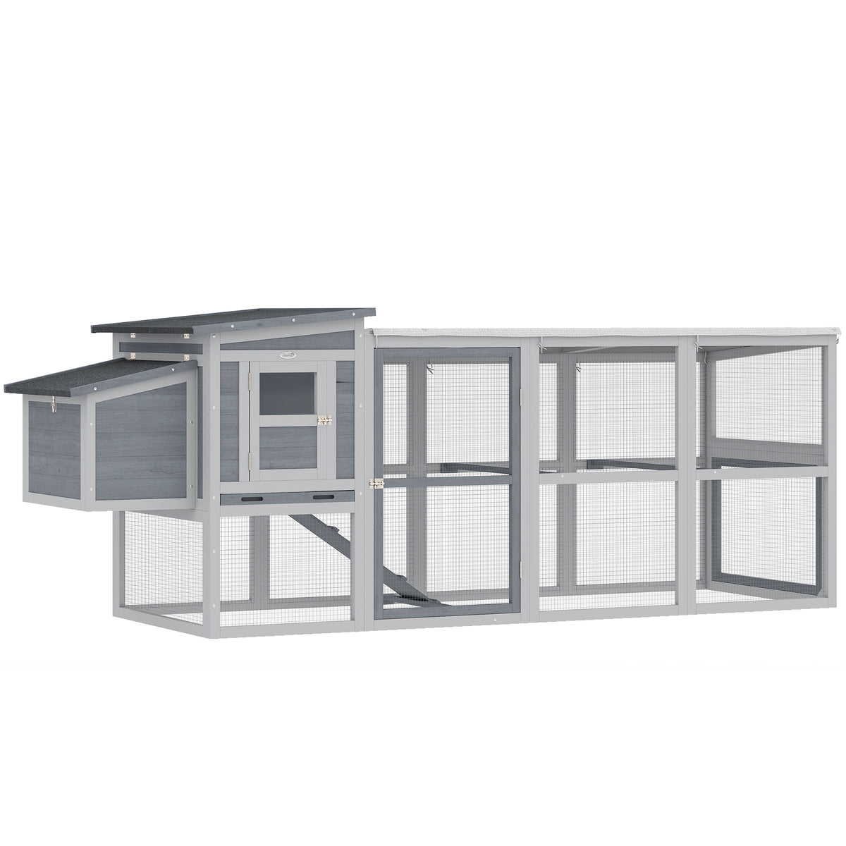 Galinheiro de Madeira Casa para 3-4 Galinhas com Recinto Caixa de Ninho Telhado em Betume Cobertura Oxford Gaveta Deslizante 264x82x89 cm Cinza — foto 1
