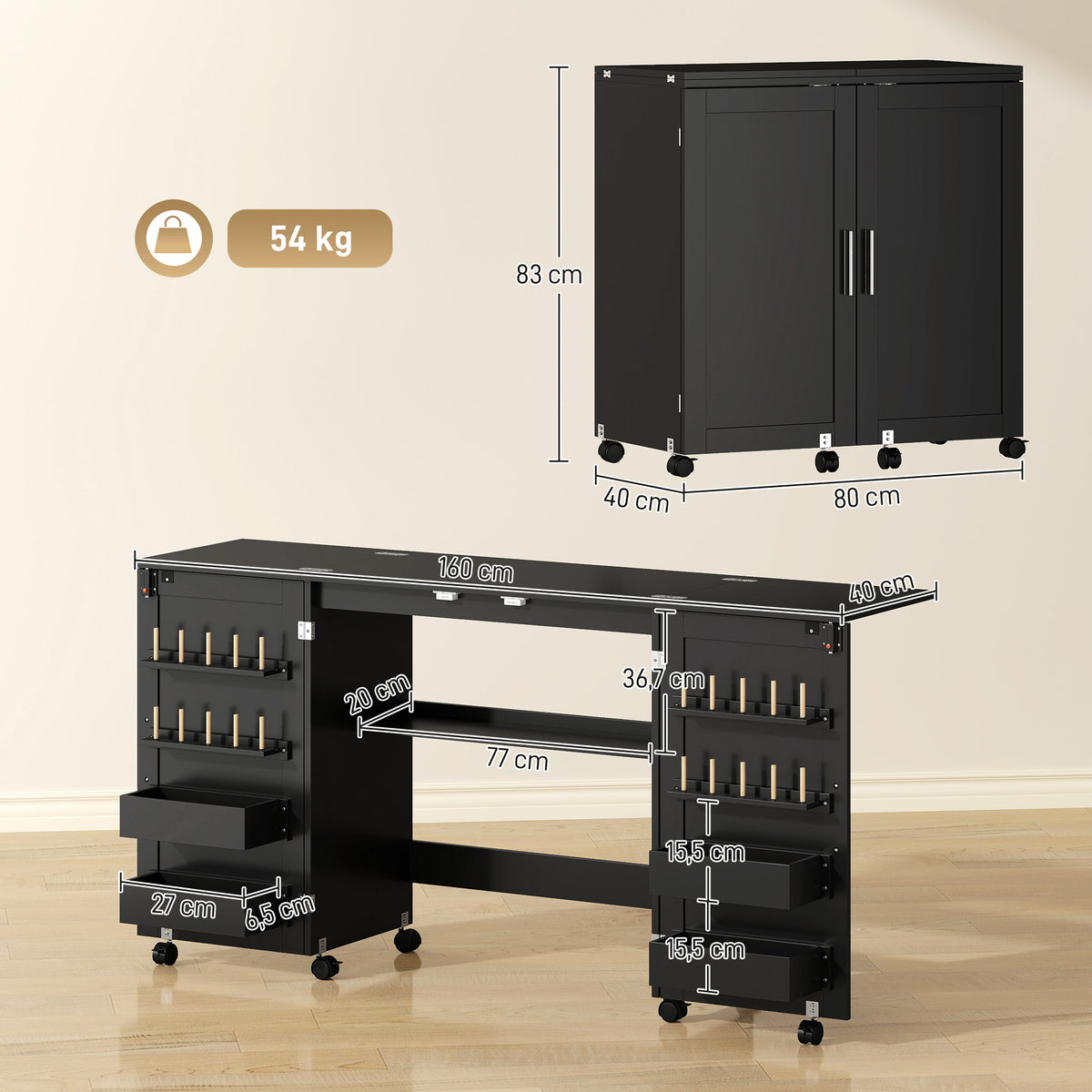 Mesa de Costura Dobrável Móvel de Costura com Rodízios 2 Portas Magnéticas 4 Compartimentos 20 Ganchos 160x40x83 cm Preto — foto 2