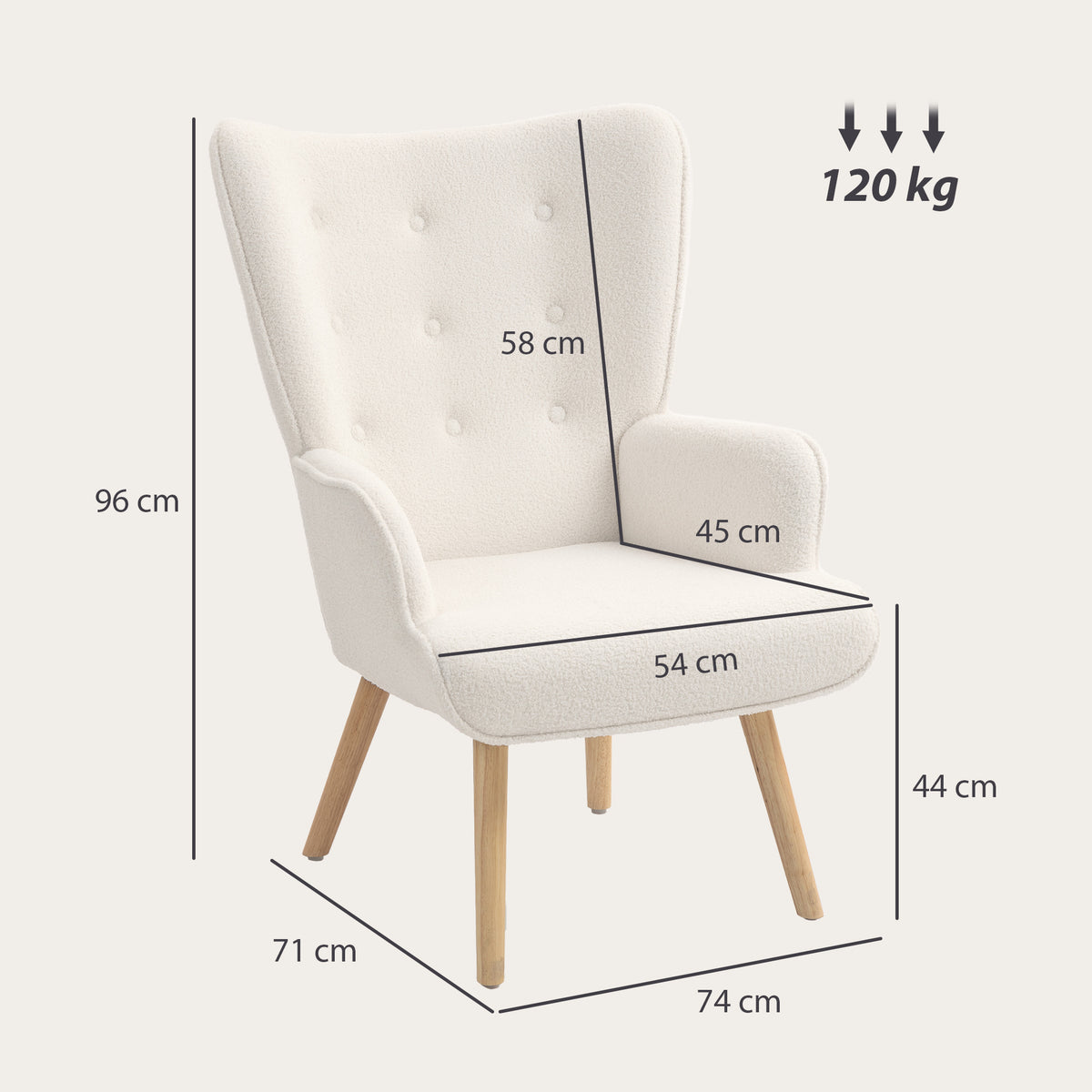 Cadeirão de Sala em Tecido Bouclé Capitonê e Estofado com Pés em Madeira 71x74x96 cm Bege — foto 2