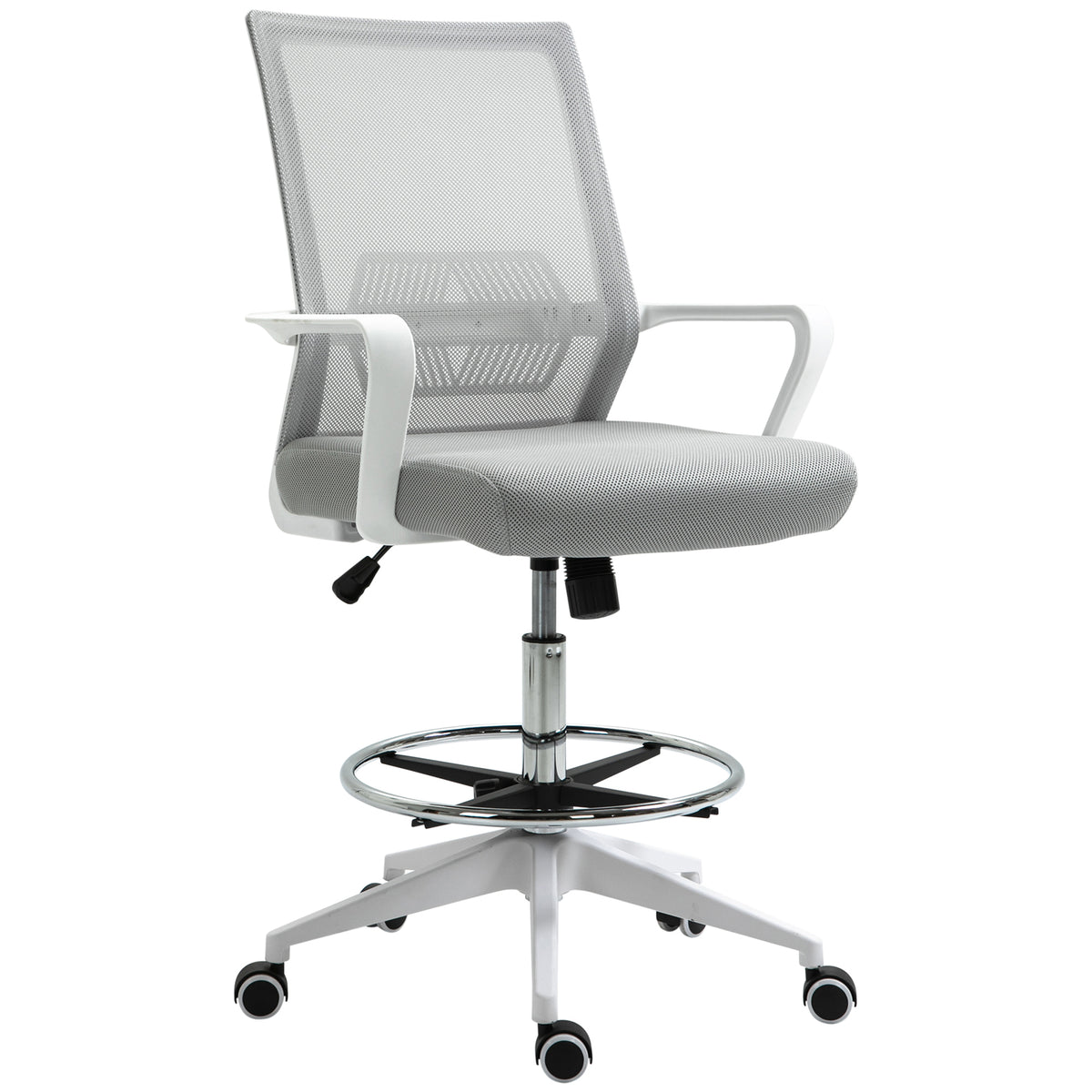 Cadeira de Escritório Alta com Assento Ajustável 64x59x104-124 cm Banco Giratório 360° Malha Respirável Cinza e Branco — foto 1