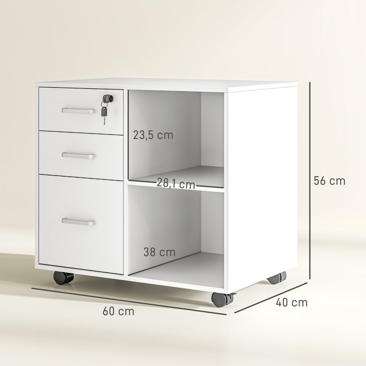 Arquivador de Escritório Suporte para Impressora 3 Gavetas Trancáveis com Rodízios 60x40x56 cm Branco — foto 2
