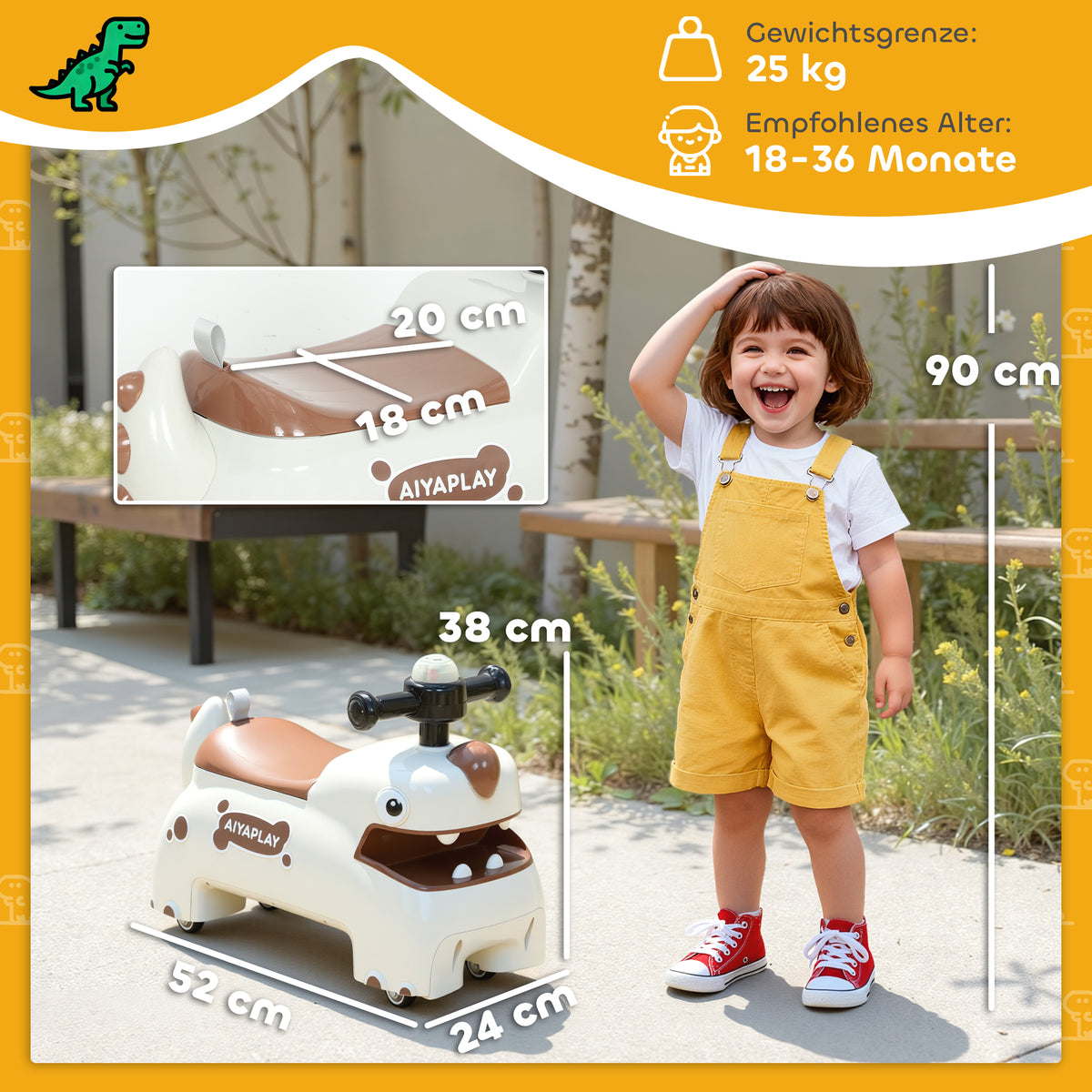 Carrinho de Passeio Design de Dinossauro Volante Luzes Filhos 4 Rodas Creme Branco e Castanho — foto 2