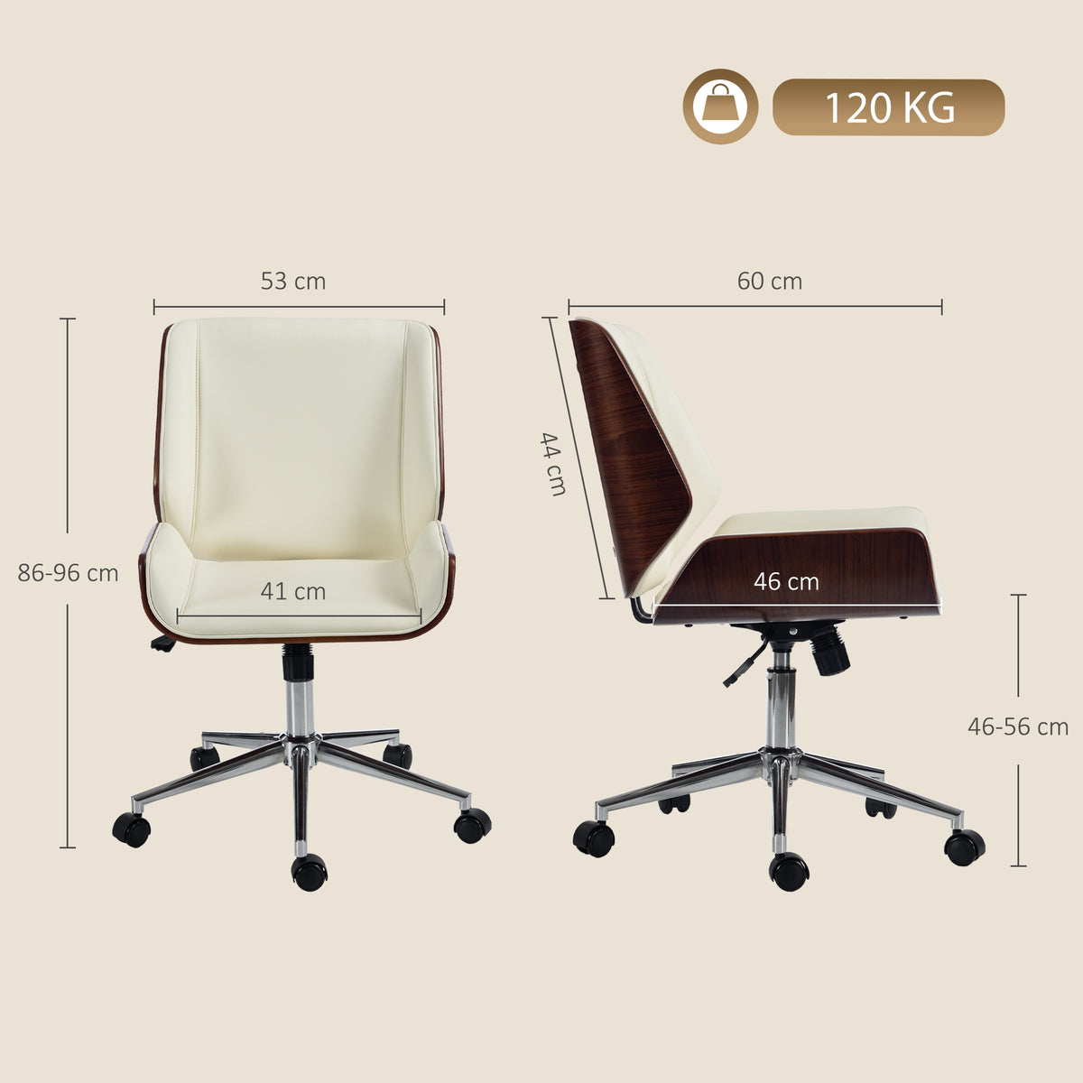 Cadeira de Escritório Design Vintage, Altura Ajustável, Giratória 360°, Base Cromada, 53 x 60 x 86-96 cm, Creme — foto 2