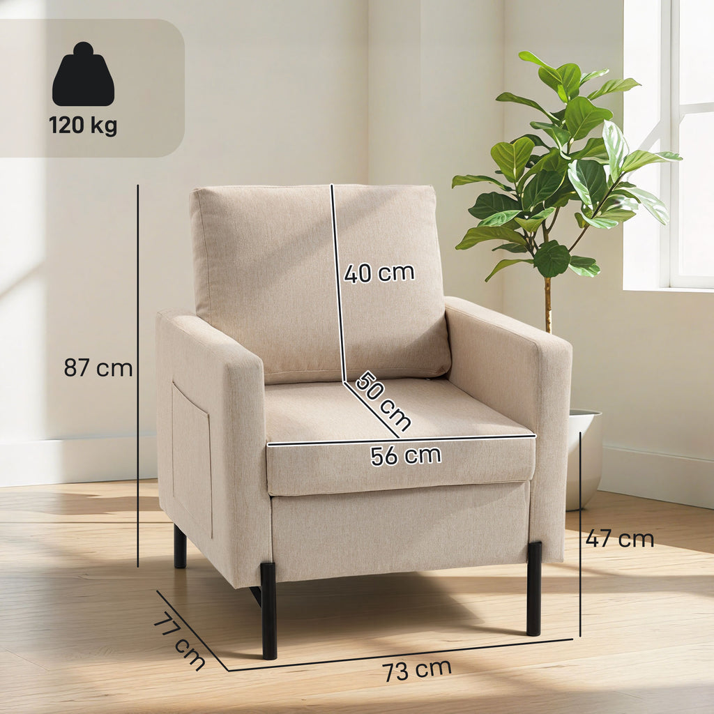 Poltrona de Sala Sofá 1 Lugar Acolchoado com Apoios de Braço Assento Largo e Pés em Aço 73x77x87 cm Bege — foto 2