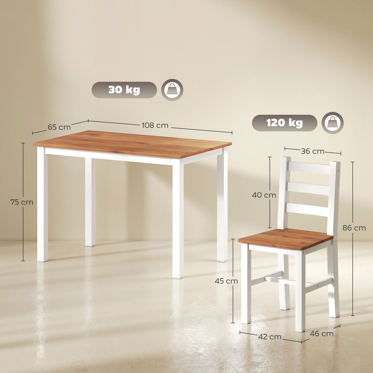 Conjunto de Jantar, Mesa de Jantar, 4 Cadeiras, Conjunto para Sala de Jantar, Madeira de Pinho, Castanho+Branco — foto 2