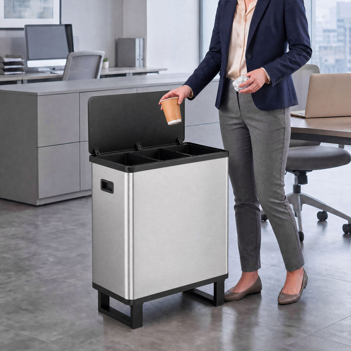 Lixeira Automática com Sensor 54 L 3 Compartimentos Aço Inoxidável Prata — imagem 4