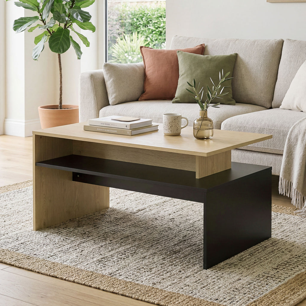 Mesa de Centro Moderna Bicolor com Níveis Desfasados e Prateleira de Arrumação 95x55x50 cm Madeira Natural e Preto — imagem 8