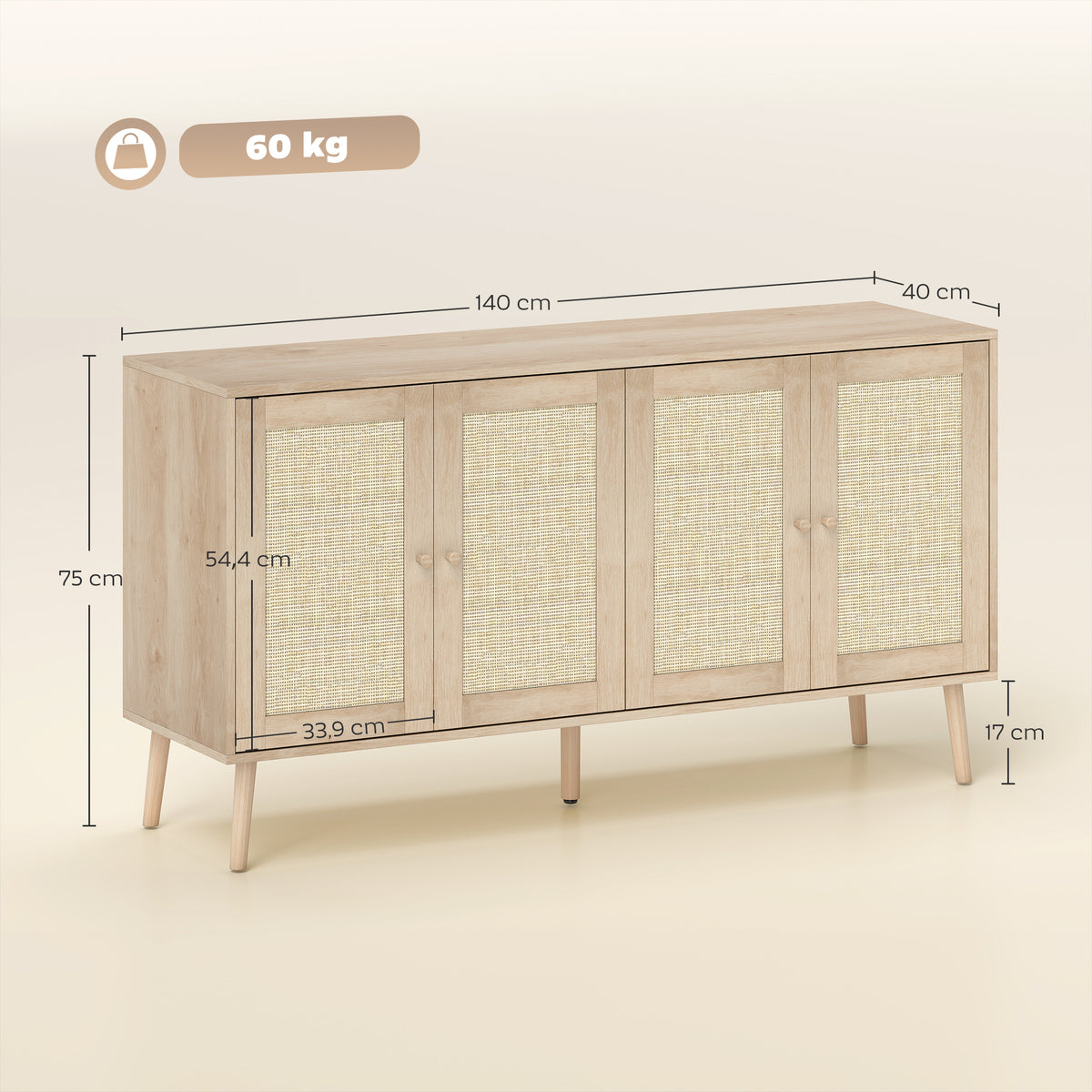 Aparador para Sala Móvel de Arrumação Armários com Portas em Palhinha e Prateleira Regulável 140x40x75 cm Efeito Madeira Natural — foto 2