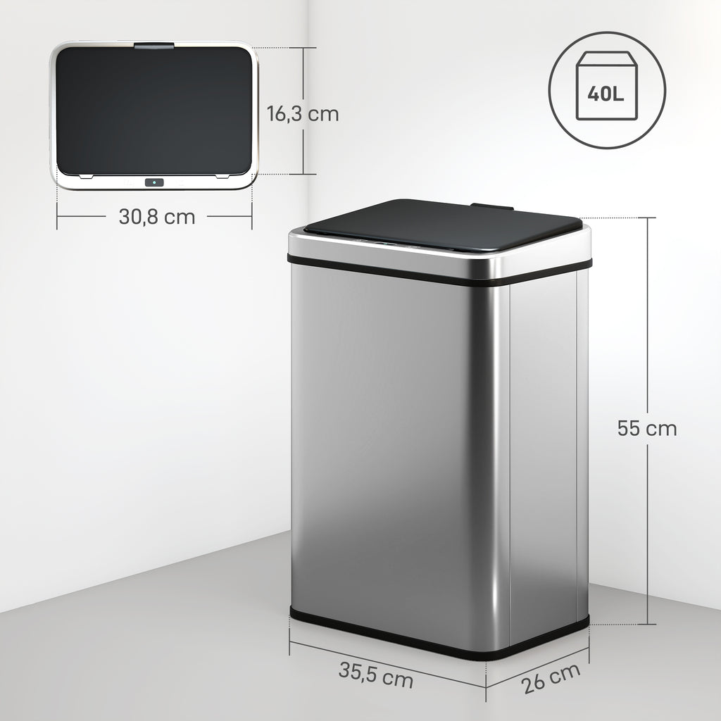 Lixeira com Sensor 40 L Aço InoxidávelLixeira Automática com Tampa de Fecho Suave Sensor de Movimento 35,5x26x55 cm Prata — foto 2