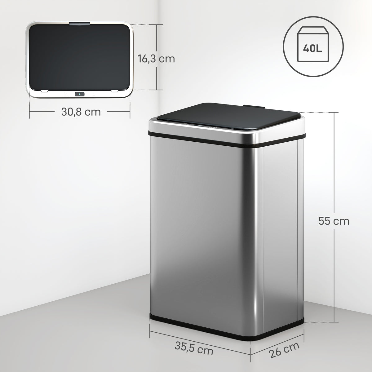 Lixeira com Sensor 40 L Aço InoxidávelLixeira Automática com Tampa de Fecho Suave Sensor de Movimento 35,5x26x55 cm Prata — foto 2