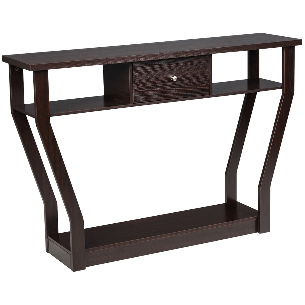 Mesa auxiliar com gaveta e 3 prateleiras moderna para entrada, sala, quarto ou escritório 120 x 30 x 81 cm – Castanho — foto 12