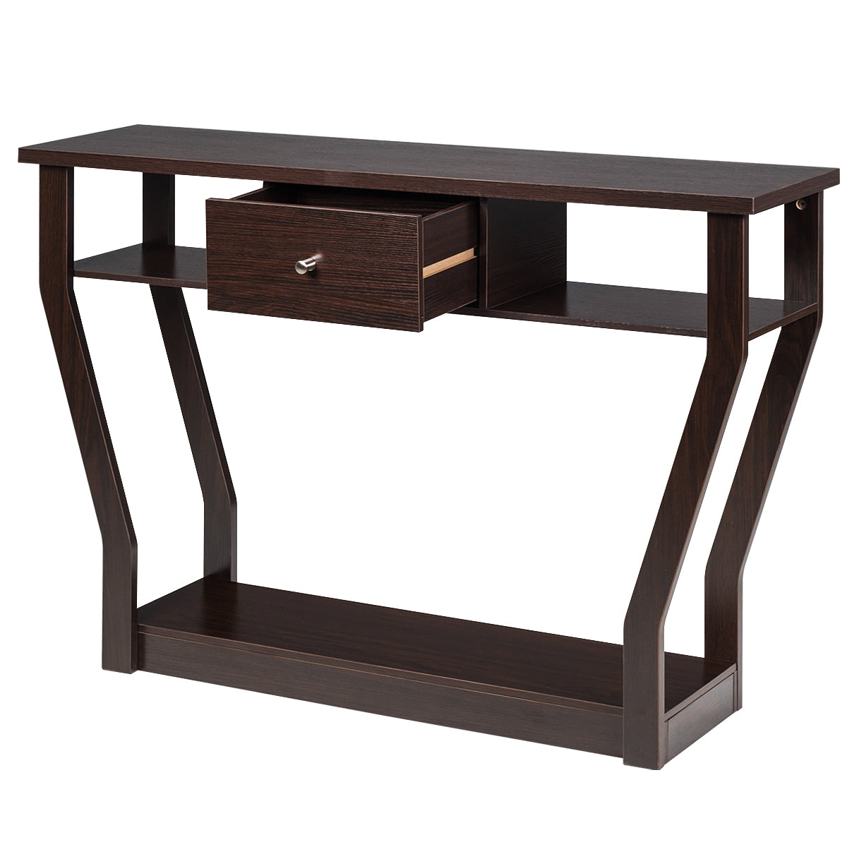 Mesa auxiliar com gaveta e 3 prateleiras moderna para entrada, sala, quarto ou escritório 120 x 30 x 81 cm – Castanho — foto 13